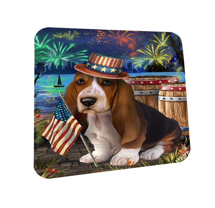 4th of July Independence Day Fireworks Basset Hound Dog at the Lake Coasters Set of 4 CST50874