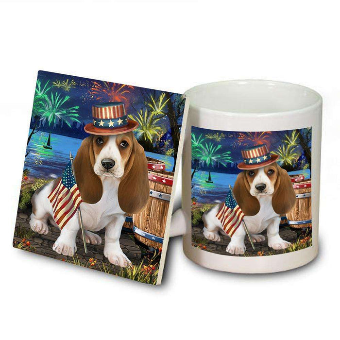 4th of July Independence Day Fireworks Basset Hound Dog at the Lake Mug and Coaster Set MUC50904