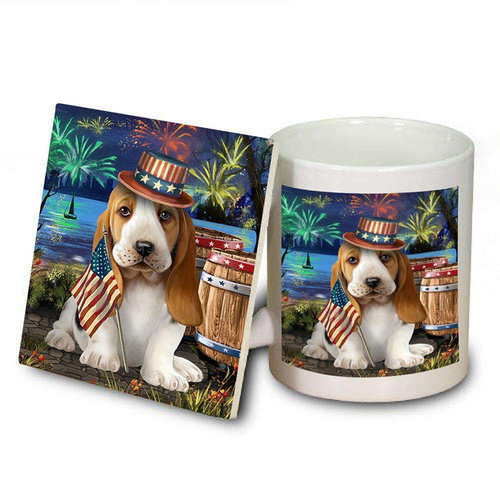 4th of July Independence Day Fireworks Basset Hound Dog at the Lake Mug and Coaster Set MUC50905