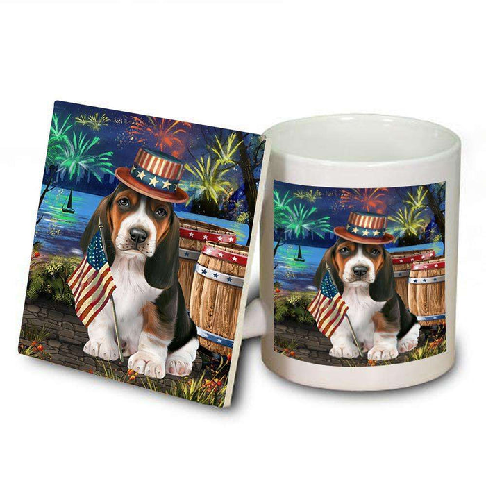 4th of July Independence Day Fireworks Basset Hound Dog at the Lake Mug and Coaster Set MUC50906