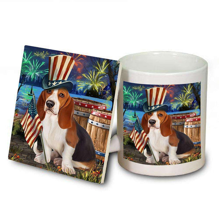 4th of July Independence Day Fireworks Basset Hound Dog at the Lake Mug and Coaster Set MUC50908