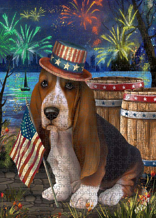 4th of July Independence Day Fireworks Basset Hound Dog at the Lake Puzzle with Photo Tin PUZL56607