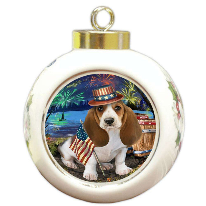 4th of July Independence Day Fireworks Basset Hound Dog at the Lake Round Ball Christmas Ornament RBPOR50912