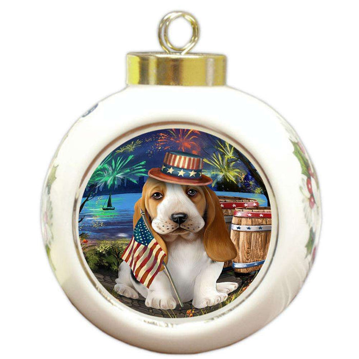 4th of July Independence Day Fireworks Basset Hound Dog at the Lake Round Ball Christmas Ornament RBPOR50913