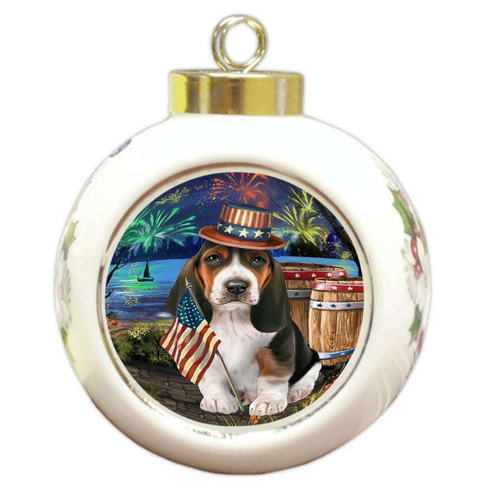 4th of July Independence Day Fireworks Basset Hound Dog at the Lake Round Ball Christmas Ornament RBPOR50914