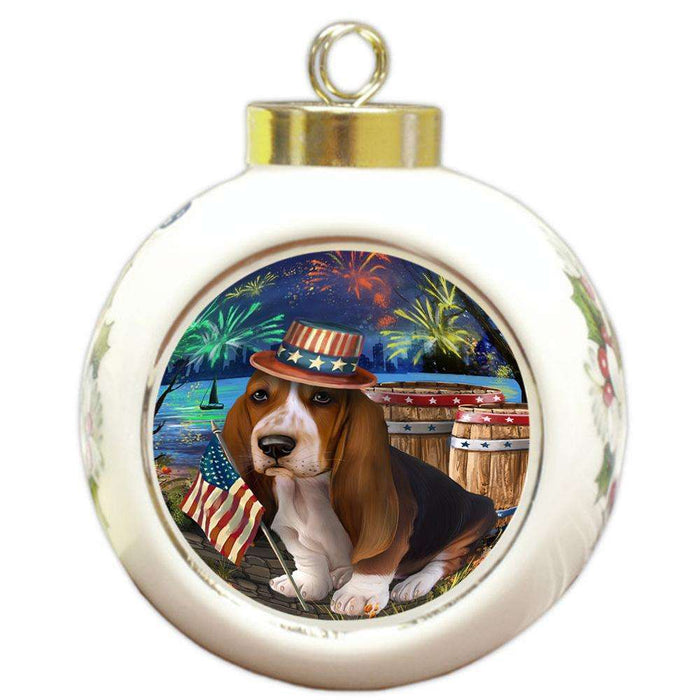 4th of July Independence Day Fireworks Basset Hound Dog at the Lake Round Ball Christmas Ornament RBPOR50915