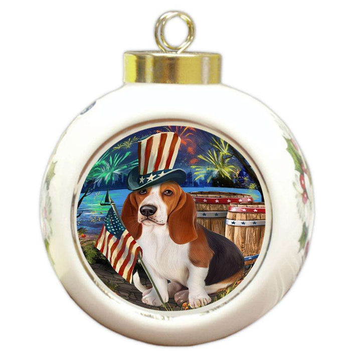 4th of July Independence Day Fireworks Basset Hound Dog at the Lake Round Ball Christmas Ornament RBPOR50916