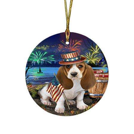 4th of July Independence Day Fireworks Basset Hound Dog at the Lake Round Flat Christmas Ornament RFPOR50903