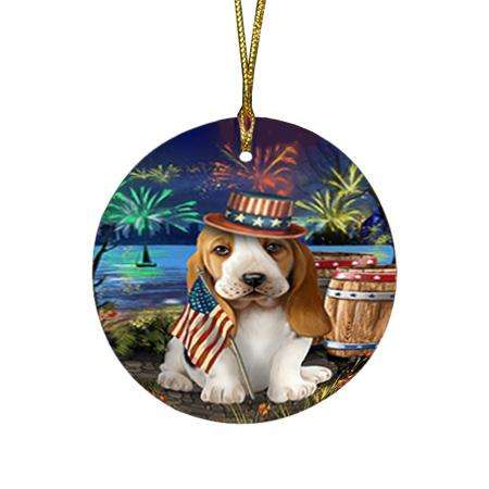 4th of July Independence Day Fireworks Basset Hound Dog at the Lake Round Flat Christmas Ornament RFPOR50904