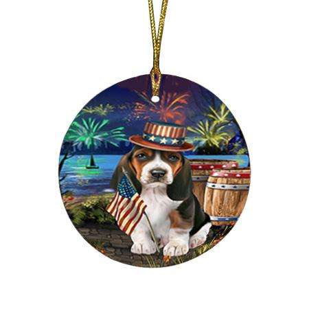 4th of July Independence Day Fireworks Basset Hound Dog at the Lake Round Flat Christmas Ornament RFPOR50905