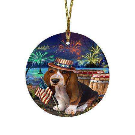 4th of July Independence Day Fireworks Basset Hound Dog at the Lake Round Flat Christmas Ornament RFPOR50906