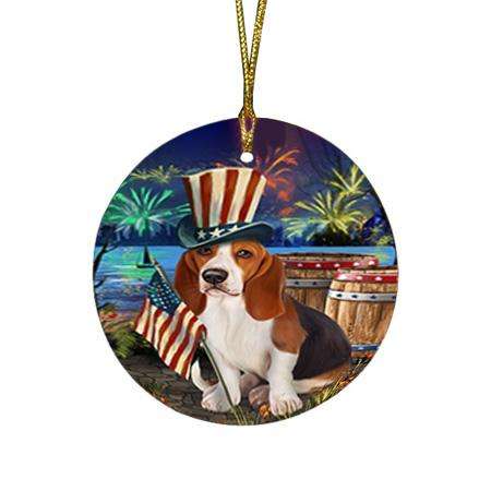 4th of July Independence Day Fireworks Basset Hound Dog at the Lake Round Flat Christmas Ornament RFPOR50907