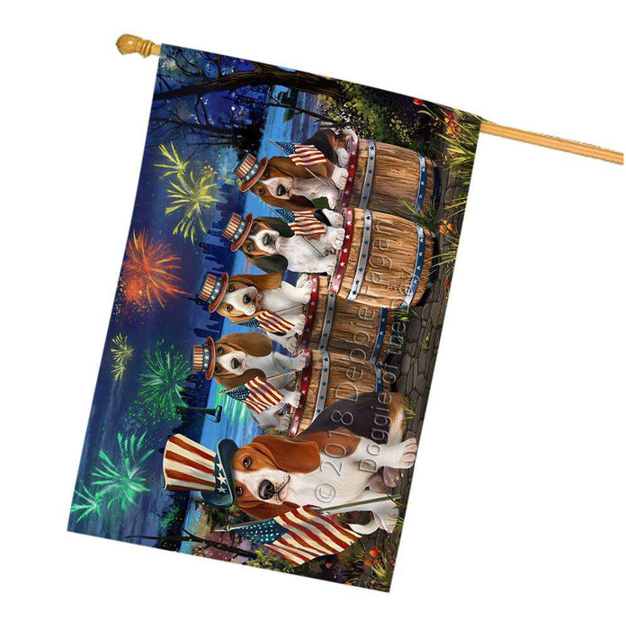 4th of July Independence Day Fireworks Basset Hounds at the Lake House Flag FLG51068