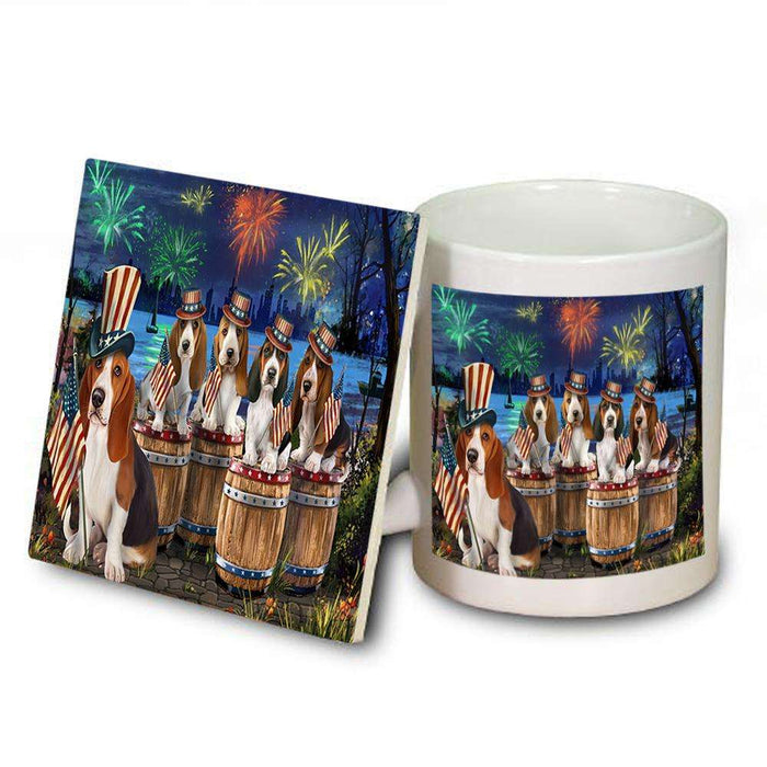 4th of July Independence Day Fireworks Basset Hounds at the Lake Mug and Coaster Set MUC51002