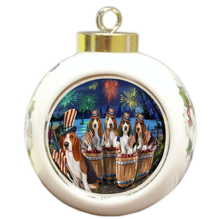4th of July Independence Day Fireworks Basset Hounds at the Lake Round Ball Christmas Ornament RBPOR51010