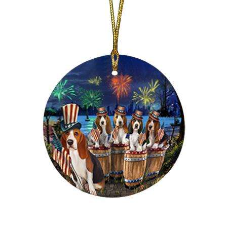 4th of July Independence Day Fireworks Basset Hounds at the Lake Round Flat Christmas Ornament RFPOR51001