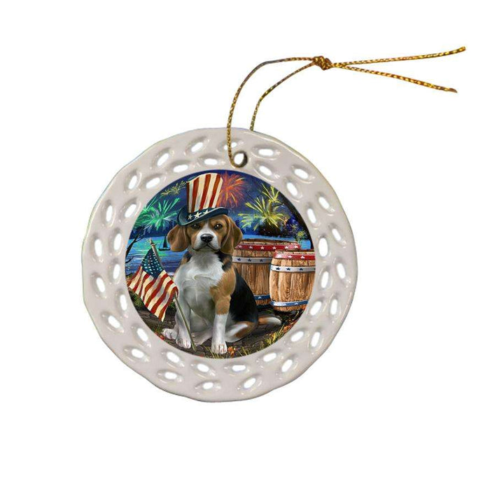 4th of July Independence Day Fireworks Beagle Dog at the Lake Ceramic Doily Ornament DPOR50917
