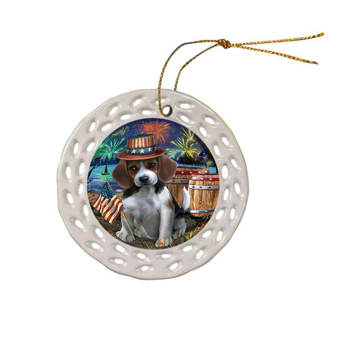 4th of July Independence Day Fireworks Beagle Dog at the Lake Ceramic Doily Ornament DPOR50919