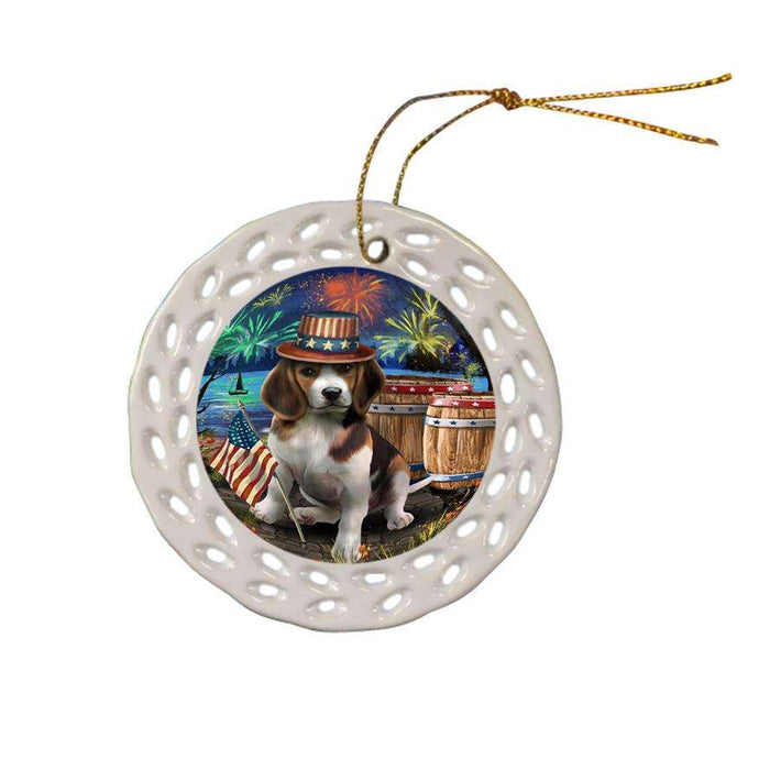 4th of July Independence Day Fireworks Beagle Dog at the Lake Ceramic Doily Ornament DPOR50920
