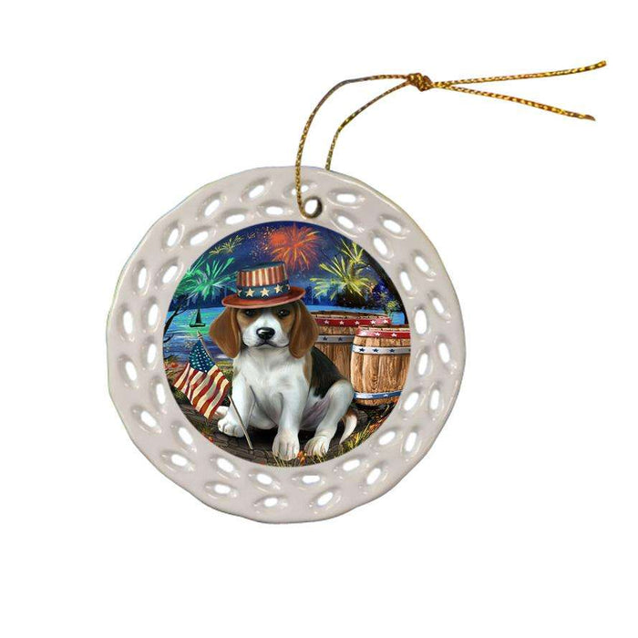 4th of July Independence Day Fireworks Beagle Dog at the Lake Ceramic Doily Ornament DPOR50921