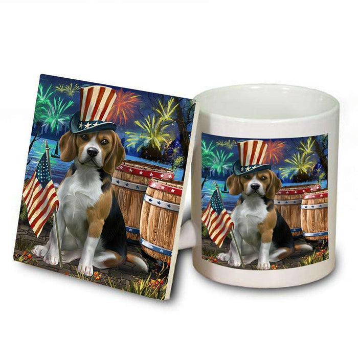 4th of July Independence Day Fireworks Beagle Dog at the Lake Mug and Coaster Set MUC50909