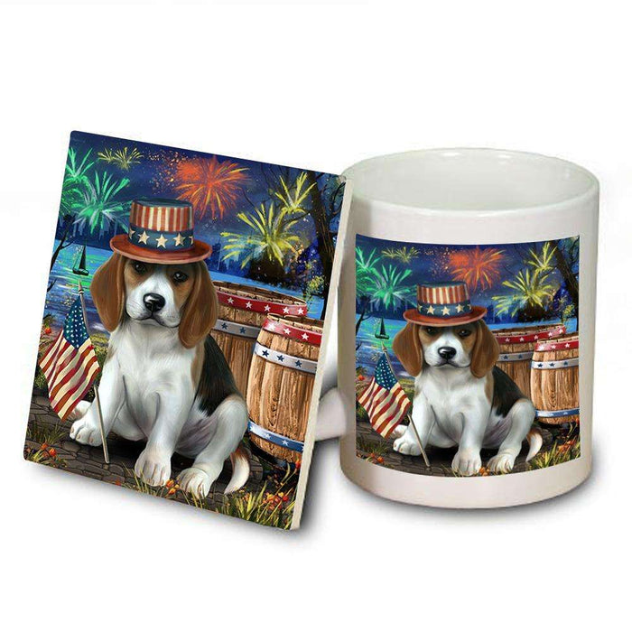4th of July Independence Day Fireworks Beagle Dog at the Lake Mug and Coaster Set MUC50913