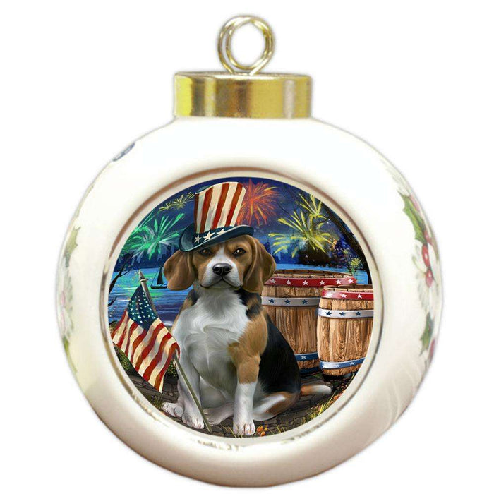 4th of July Independence Day Fireworks Beagle Dog at the Lake Round Ball Christmas Ornament RBPOR50917