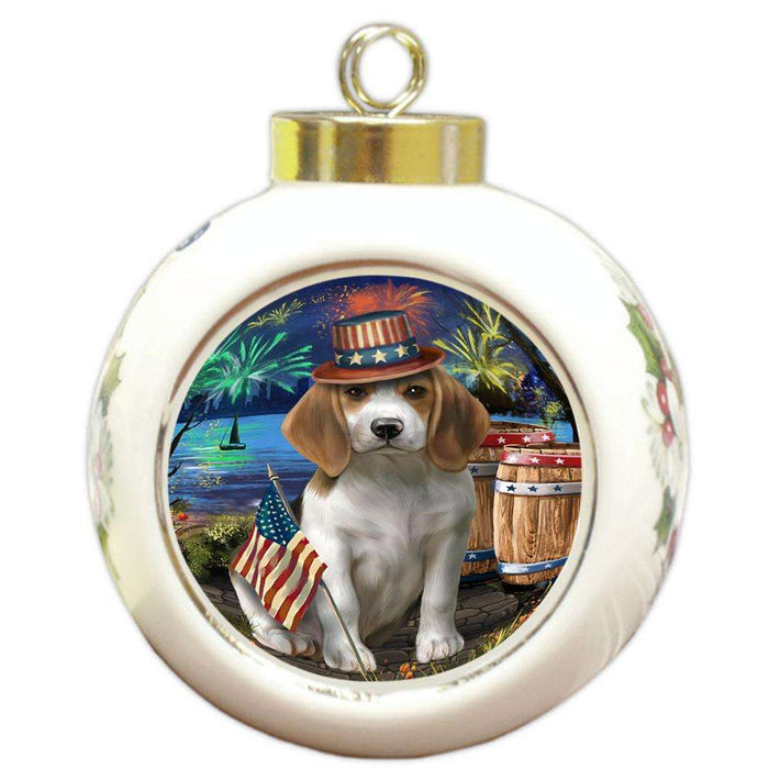 4th of July Independence Day Fireworks Beagle Dog at the Lake Round Ball Christmas Ornament RBPOR50918