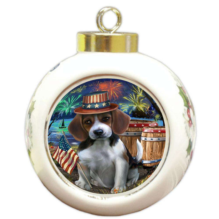 4th of July Independence Day Fireworks Beagle Dog at the Lake Round Ball Christmas Ornament RBPOR50919