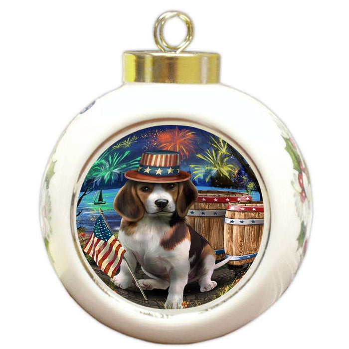 4th of July Independence Day Fireworks Beagle Dog at the Lake Round Ball Christmas Ornament RBPOR50920