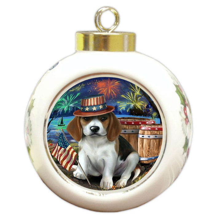 4th of July Independence Day Fireworks Beagle Dog at the Lake Round Ball Christmas Ornament RBPOR50921