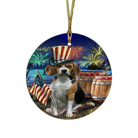 4th of July Independence Day Fireworks Beagle Dog at the Lake Round Flat Christmas Ornament RFPOR50908