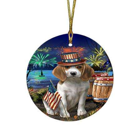 4th of July Independence Day Fireworks Beagle Dog at the Lake Round Flat Christmas Ornament RFPOR50909