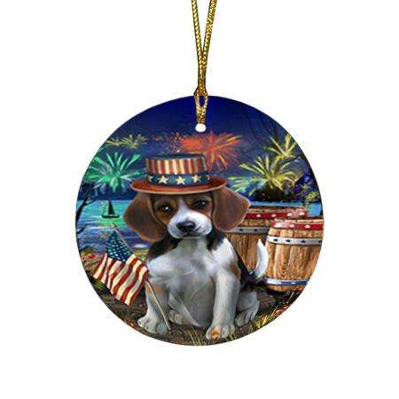 4th of July Independence Day Fireworks Beagle Dog at the Lake Round Flat Christmas Ornament RFPOR50910