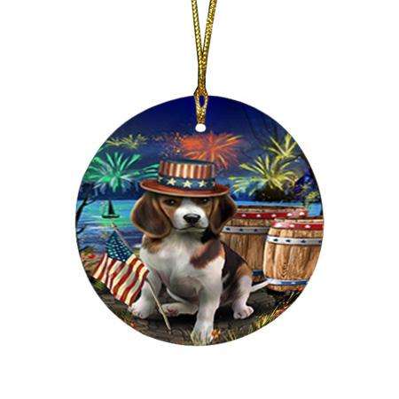 4th of July Independence Day Fireworks Beagle Dog at the Lake Round Flat Christmas Ornament RFPOR50911