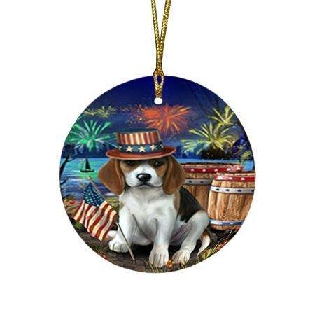 4th of July Independence Day Fireworks Beagle Dog at the Lake Round Flat Christmas Ornament RFPOR50912