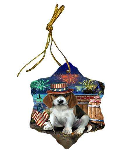 4th of July Independence Day Fireworks Beagle Dog at the Lake Star Porcelain Ornament SPOR50913
