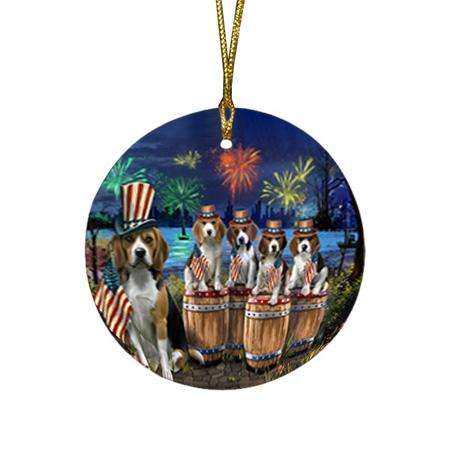 4th of July Independence Day Fireworks Beagles at the Lake Round Flat Christmas Ornament RFPOR51002