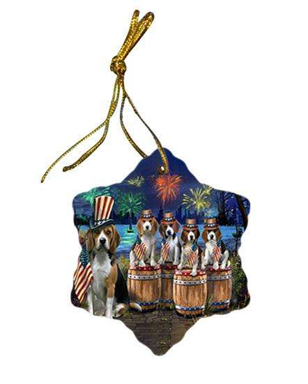 4th of July Independence Day Fireworks Beagles at the Lake Star Porcelain Ornament SPOR51003