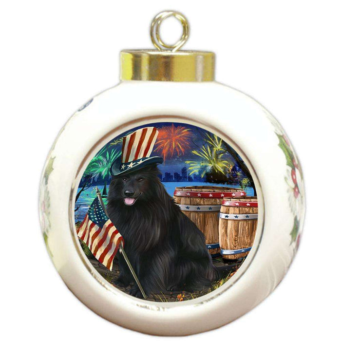 4th of July Independence Day Fireworks Belgian Shepherd Dog at the Lake Round Ball Christmas Ornament RBPOR50922