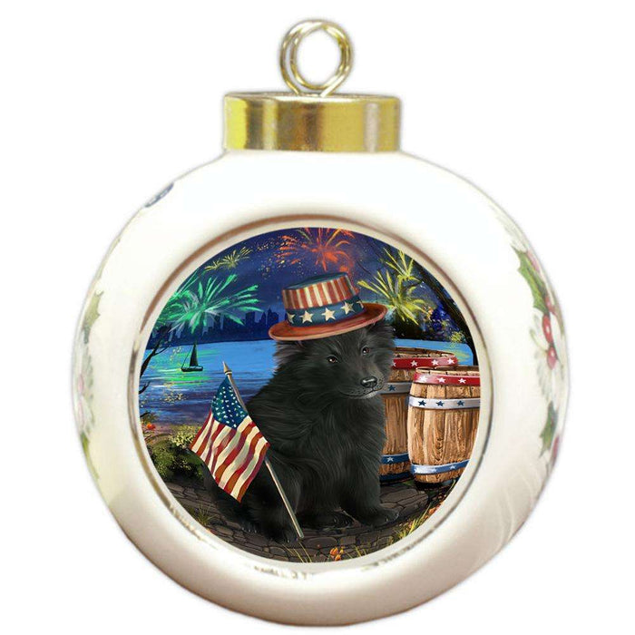 4th of July Independence Day Fireworks Belgian Shepherd Dog at the Lake Round Ball Christmas Ornament RBPOR50923