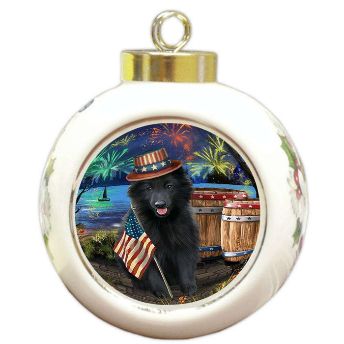 4th of July Independence Day Fireworks Belgian Shepherd Dog at the Lake Round Ball Christmas Ornament RBPOR50924