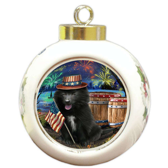 4th of July Independence Day Fireworks Belgian Shepherd Dog at the Lake Round Ball Christmas Ornament RBPOR50925