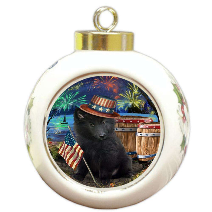 4th of July Independence Day Fireworks Belgian Shepherd Dog at the Lake Round Ball Christmas Ornament RBPOR50926