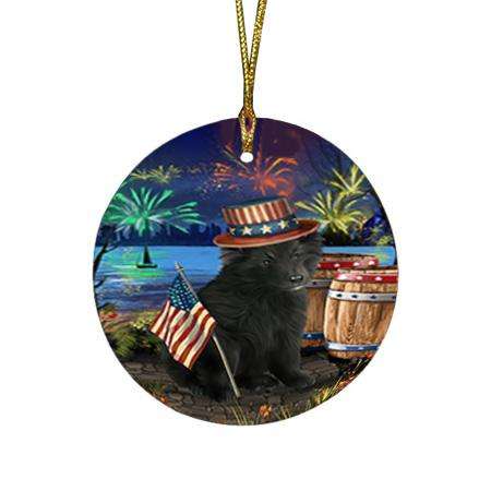 4th of July Independence Day Fireworks Belgian Shepherd Dog at the Lake Round Flat Christmas Ornament RFPOR50914