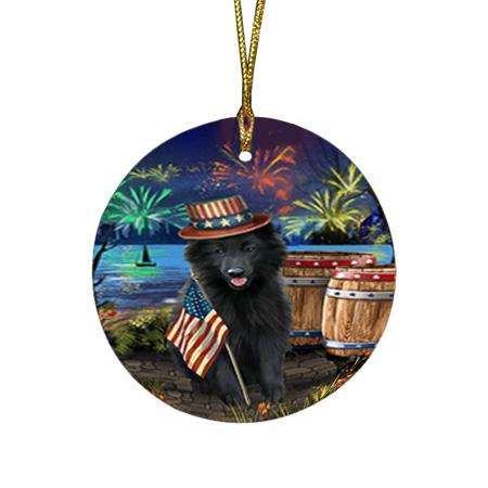 4th of July Independence Day Fireworks Belgian Shepherd Dog at the Lake Round Flat Christmas Ornament RFPOR50915