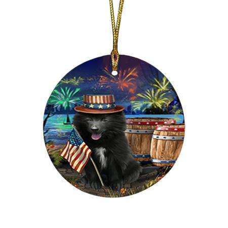 4th of July Independence Day Fireworks Belgian Shepherd Dog at the Lake Round Flat Christmas Ornament RFPOR50916