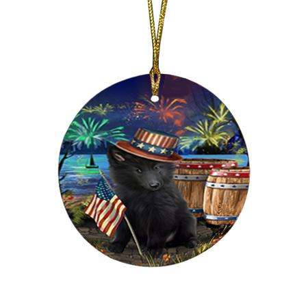 4th of July Independence Day Fireworks Belgian Shepherd Dog at the Lake Round Flat Christmas Ornament RFPOR50917