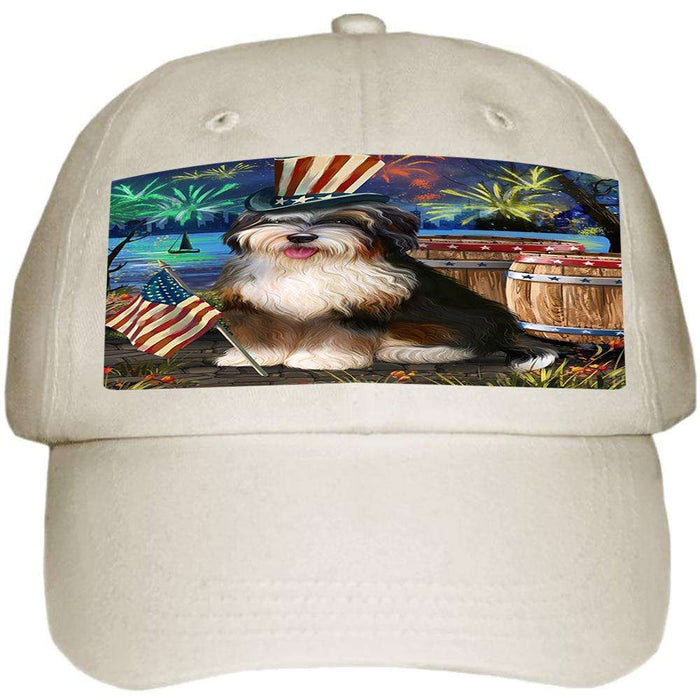 4th of July Independence Day Fireworks Bernedoodle Dog at the Lake Ball Hat Cap HAT56997