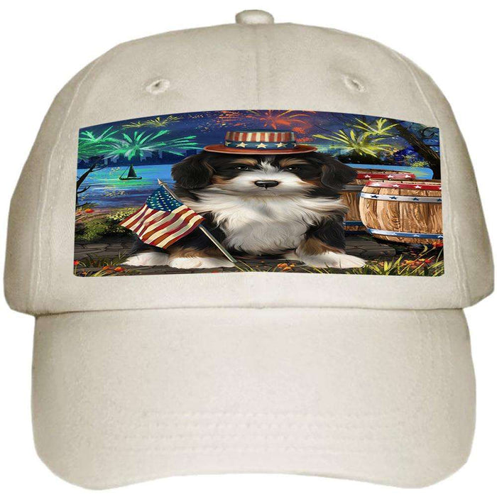 4th of July Independence Day Fireworks Bernedoodle Dog at the Lake Ball Hat Cap HAT57003